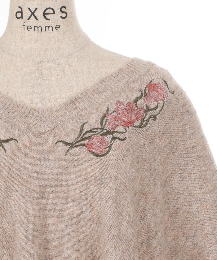 Flower Embroidery Irregular Hem Knit Poncho
