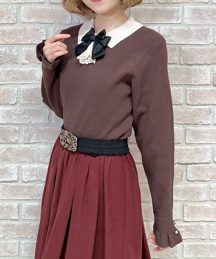 Bicolor Collar Knit Top with Brooch