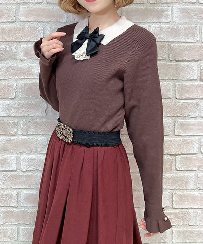 Bicolor Collar Knit Top with Brooch