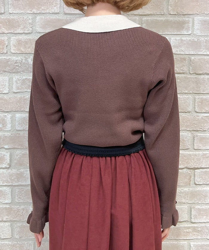Bicolor Collar Knit Top with Brooch