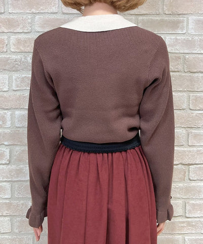 Bicolor Collar Knit Top with Brooch