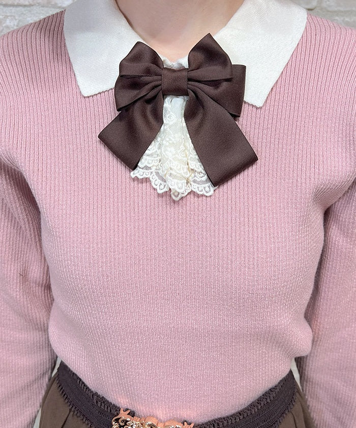 Bicolor Collar Knit Top with Brooch