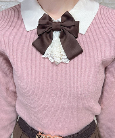 Bicolor Collar Knit Top with Brooch