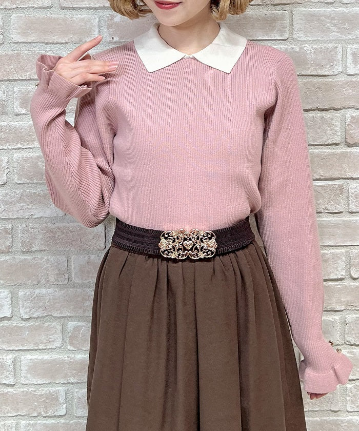 Bicolor Collar Knit Top with Brooch