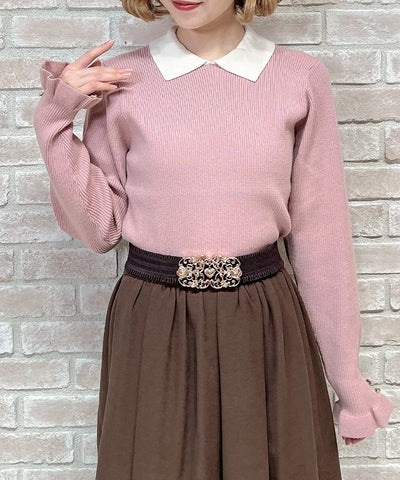 Bicolor Collar Knit Top with Brooch