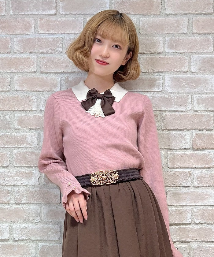 Bicolor Collar Knit Top with Brooch