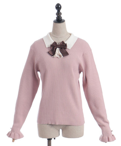 Bicolor Collar Knit Top with Brooch