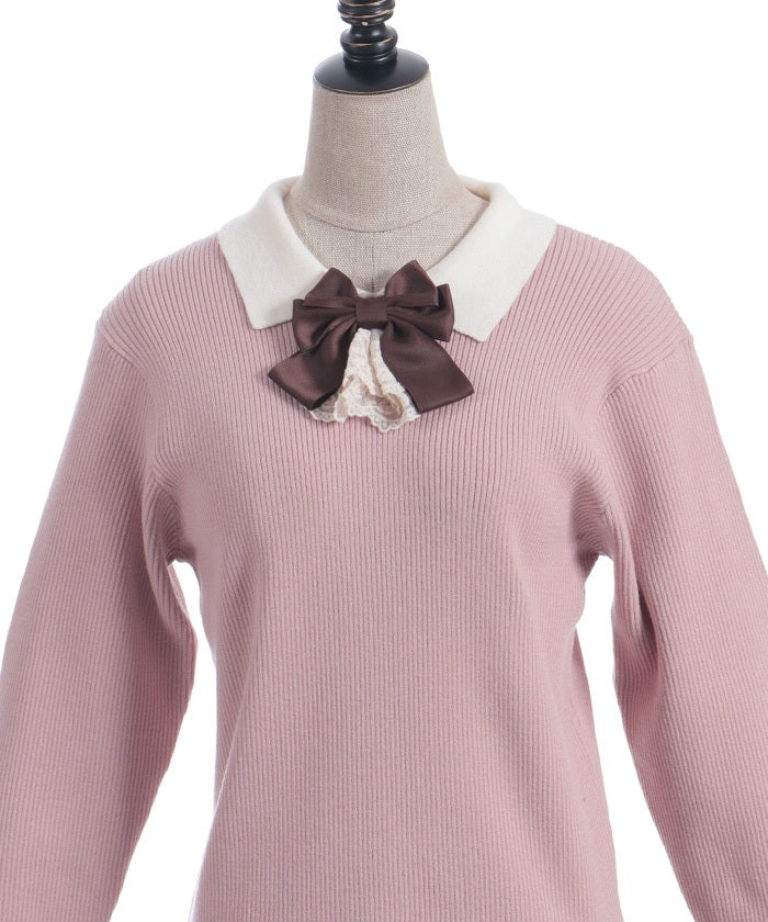 Bicolor Collar Knit Top with Brooch