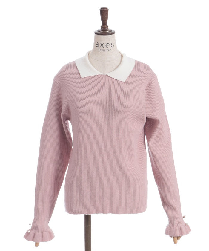 Bicolor Collar Knit Top with Brooch