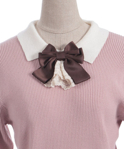 Bicolor Collar Knit Top with Brooch