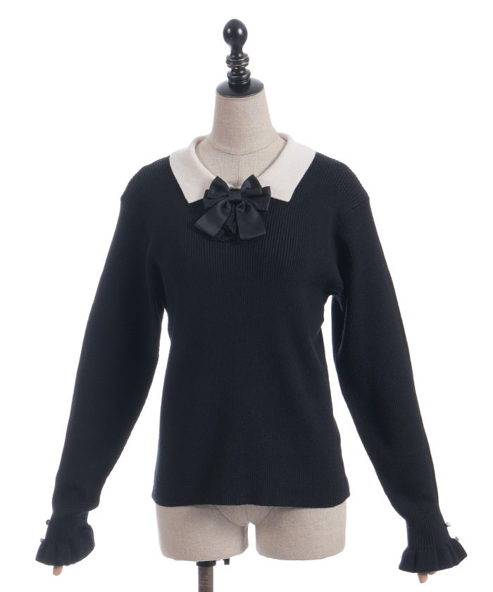 Bicolor Collar Knit Top with Brooch