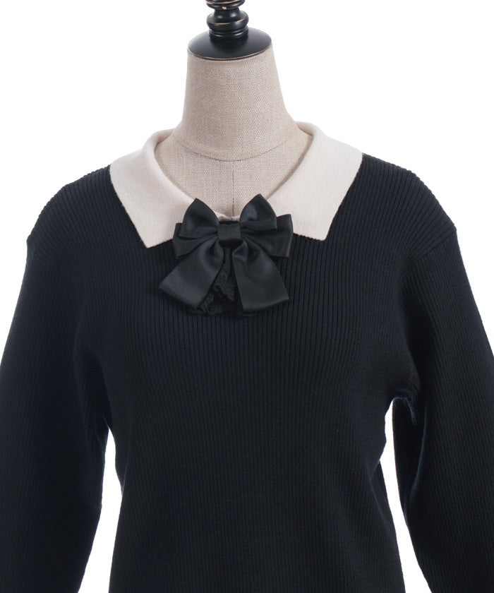 Bicolor Collar Knit Top with Brooch