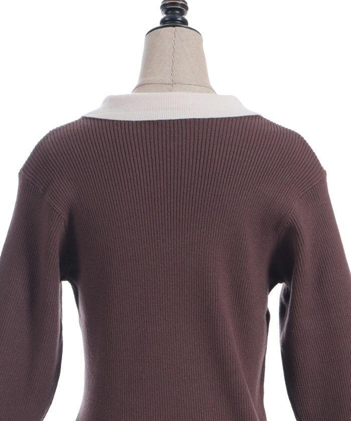 Bicolor Collar Knit Top with Brooch