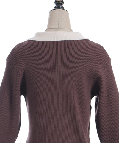 Bicolor Collar Knit Top with Brooch