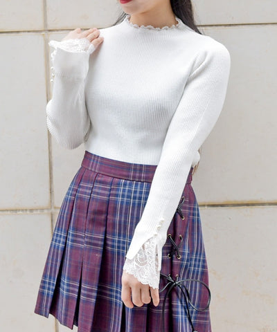 Row Buttons Sleeve Lace Knit Pullover