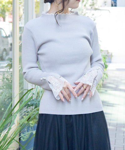 Row Buttons Sleeve Lace Knit Pullover