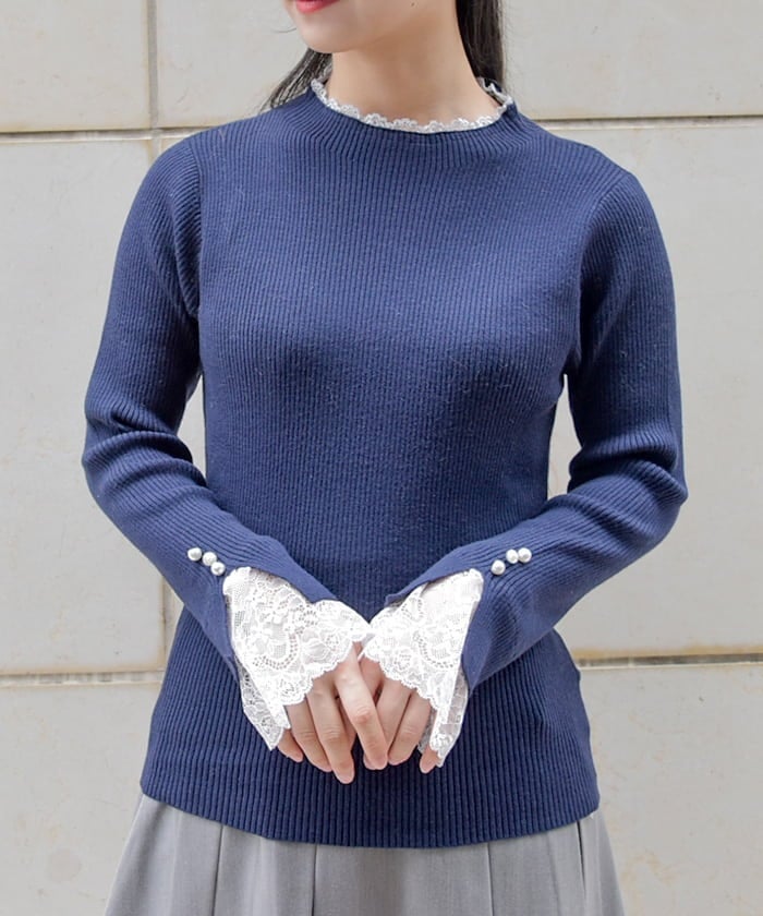 Row Buttons Sleeve Lace Knit Pullover