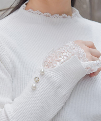 Row Buttons Sleeve Lace Knit Pullover