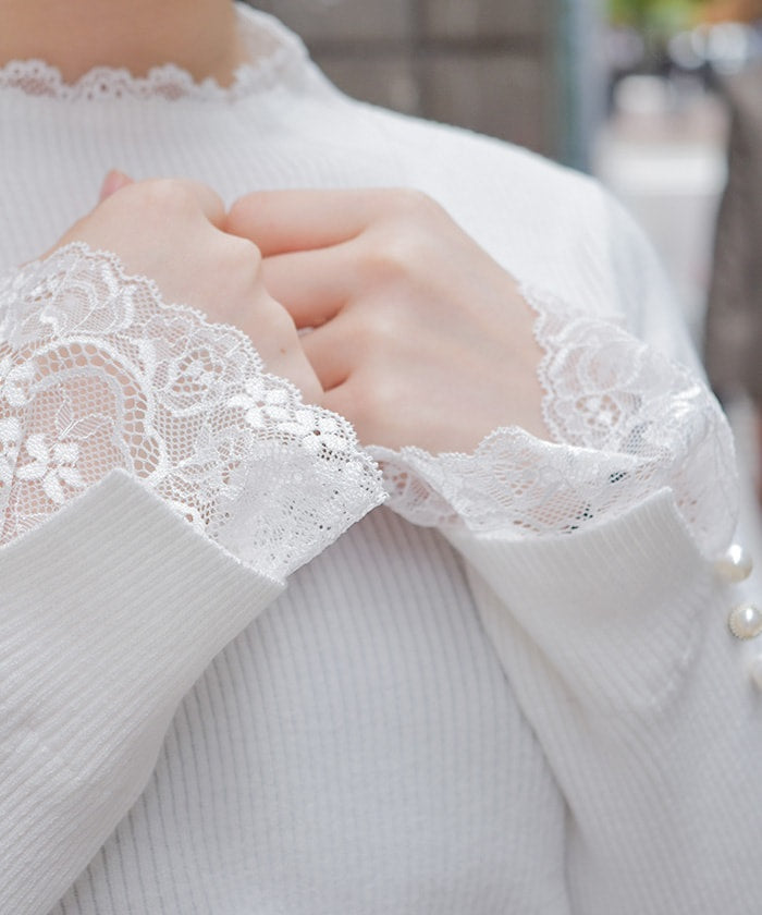 Row Buttons Sleeve Lace Knit Pullover