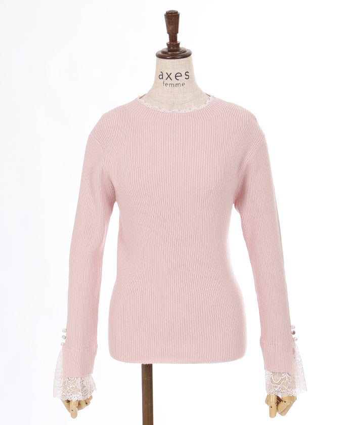 Row Buttons Sleeve Lace Knit Pullover