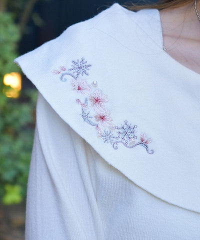 Snow Sakura Embroidery Off-Shoulder Knit Top