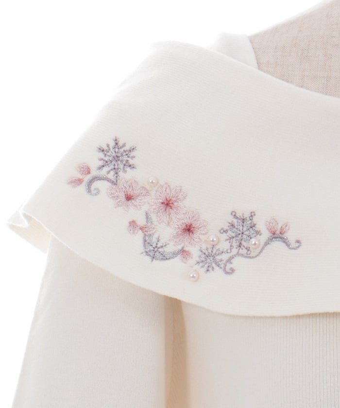 Snow Sakura Embroidery Off-Shoulder Knit Top