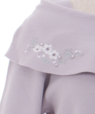 Snow Sakura Embroidery Off-Shoulder Knit Top