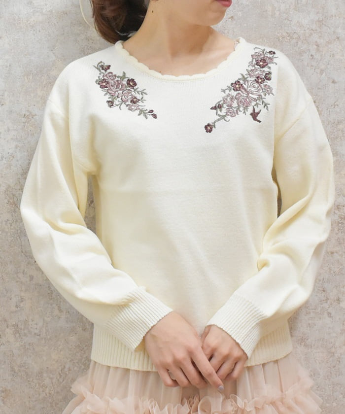 Rose & Bird Embroidery Knit Pullover