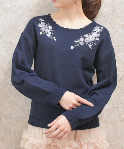 Rose & Bird Embroidery Knit Pullover