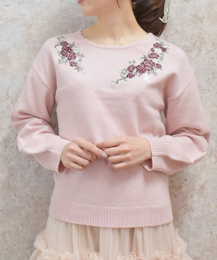 Rose & Bird Embroidery Knit Pullover