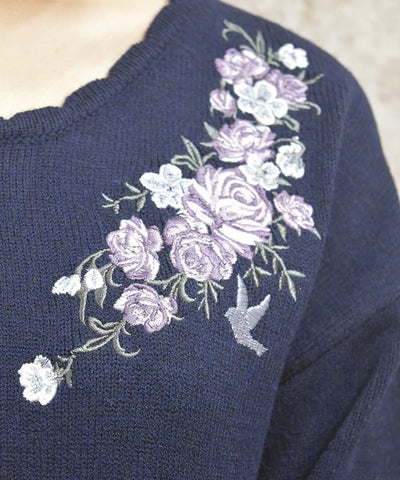 Rose & Bird Embroidery Knit Pullover