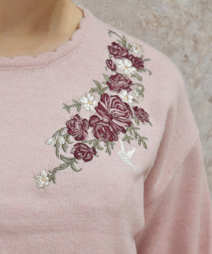 Rose & Bird Embroidery Knit Pullover