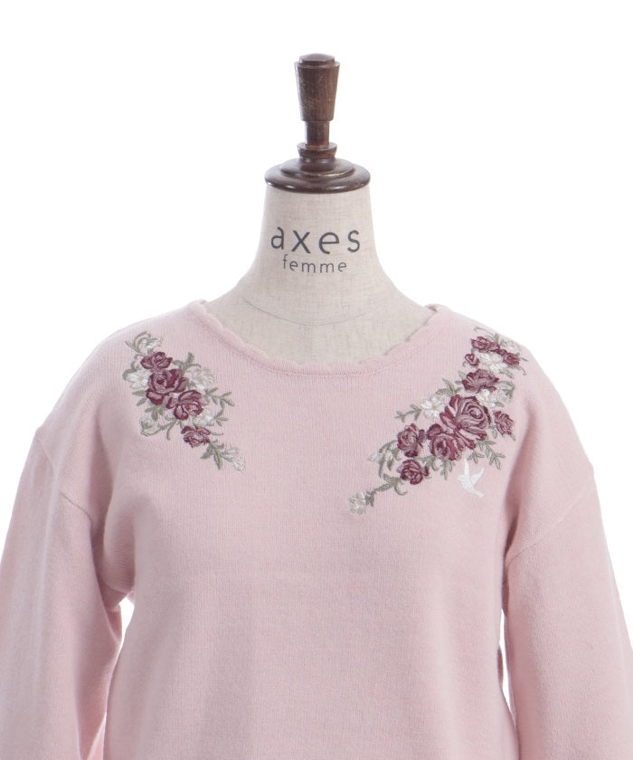 Rose & Bird Embroidery Knit Pullover