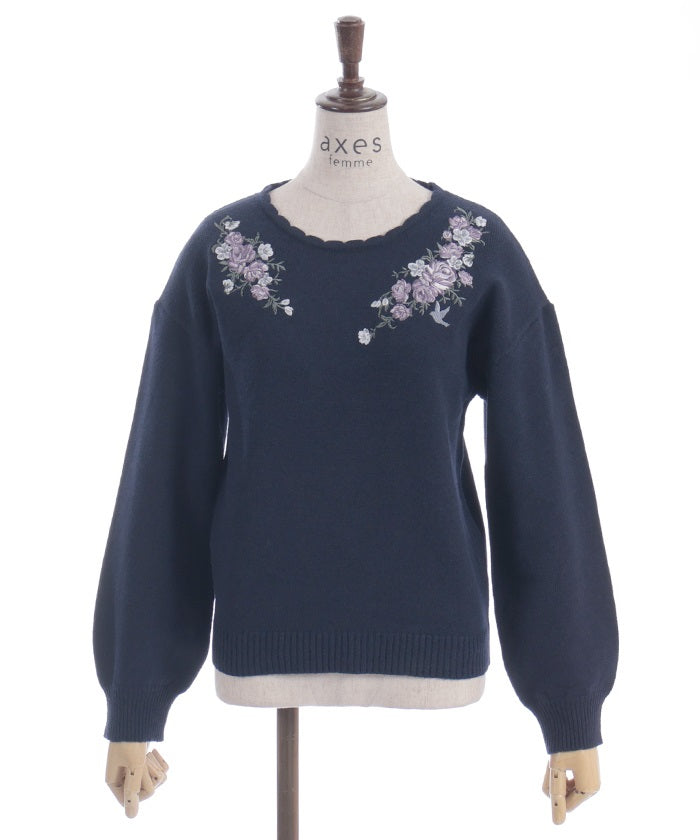 Rose & Bird Embroidery Knit Pullover