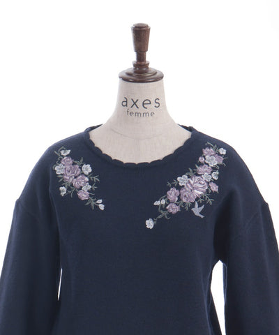 Rose & Bird Embroidery Knit Pullover