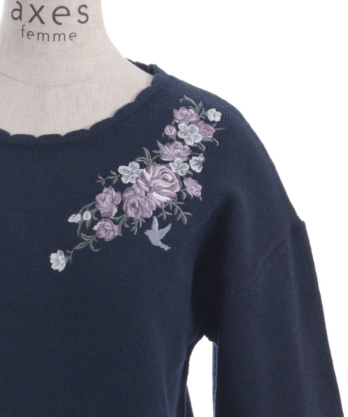 Rose & Bird Embroidery Knit Pullover