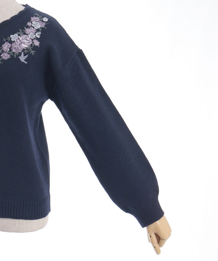 Rose & Bird Embroidery Knit Pullover