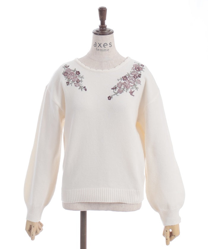 Rose & Bird Embroidery Knit Pullover