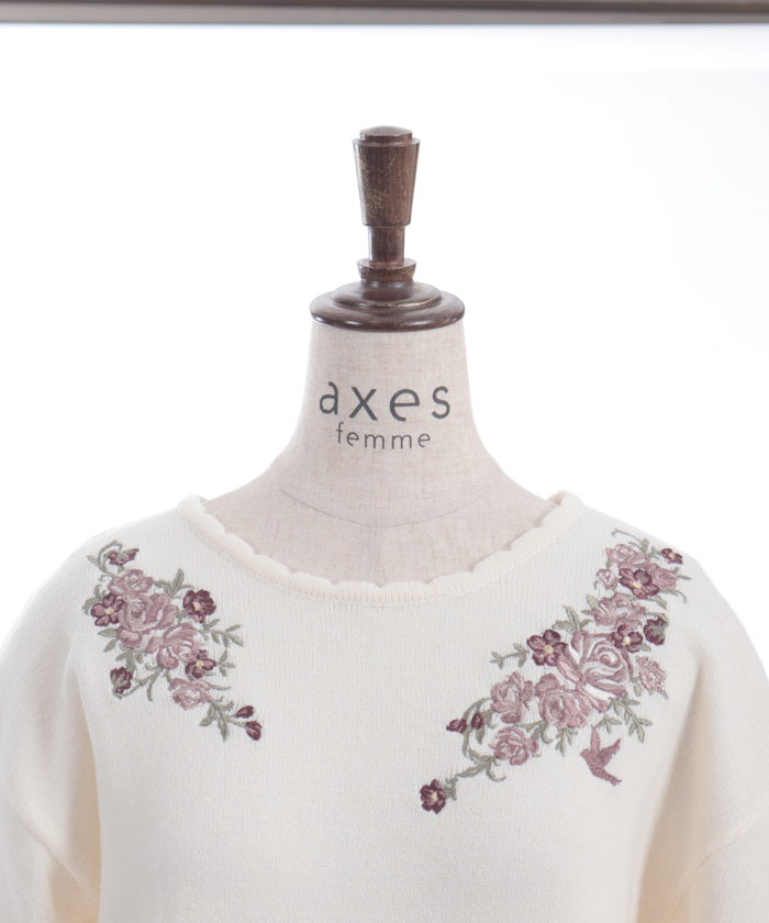 Rose & Bird Embroidery Knit Pullover