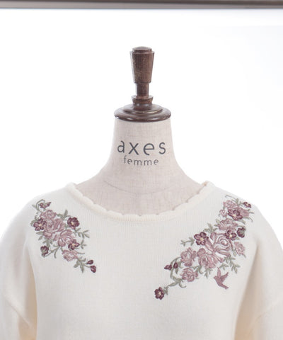 Rose & Bird Embroidery Knit Pullover