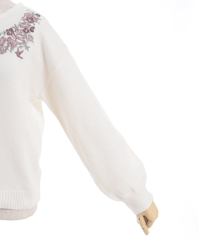 Rose & Bird Embroidery Knit Pullover