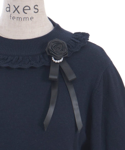 Openwork Frill Knit Top with Brooch (Pre-order)