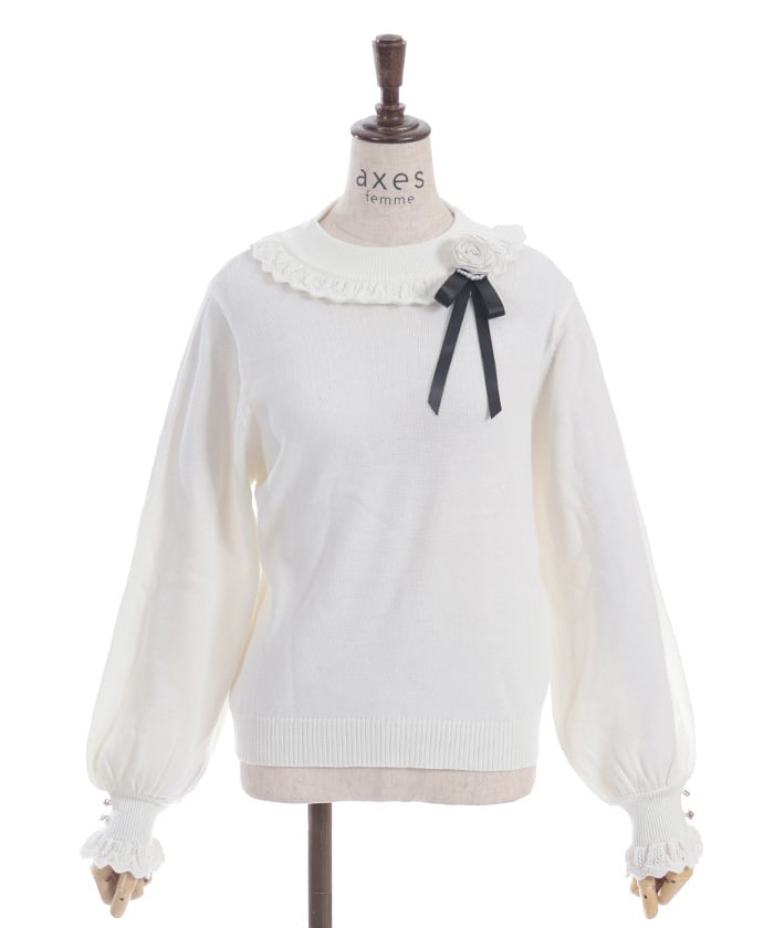 Openwork Frill Knit Top with Brooch (Pre-order)