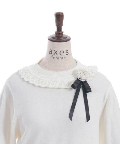 Openwork Frill Knit Top with Brooch (Pre-order)