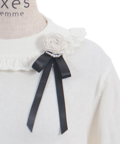 Openwork Frill Knit Top with Brooch (Pre-order)