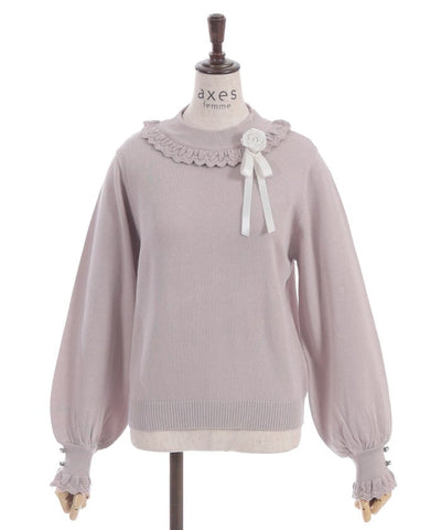 Openwork Frill Knit Top with Brooch (Pre-order)