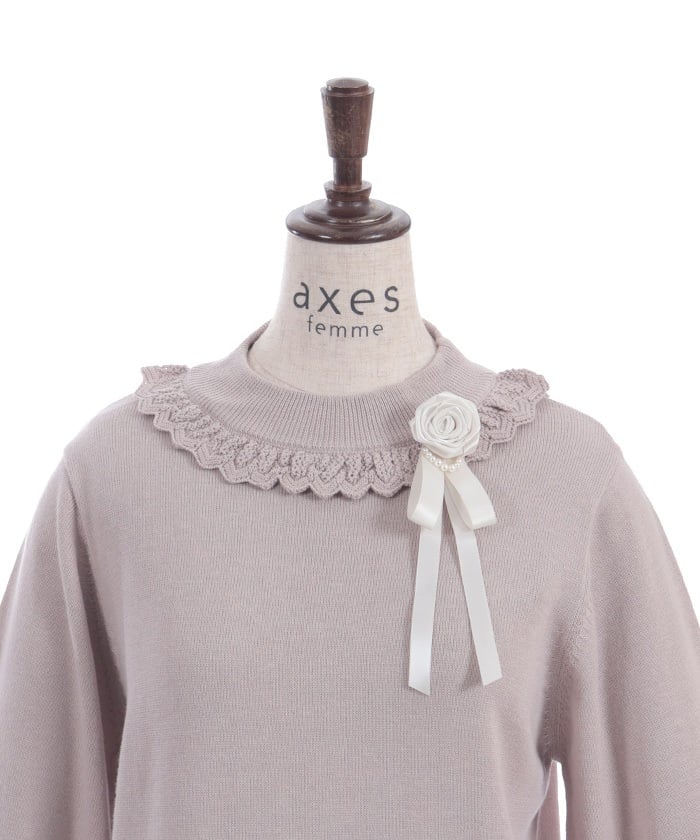 Openwork Frill Knit Top with Brooch (Pre-order)