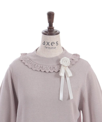 Openwork Frill Knit Top with Brooch (Pre-order)