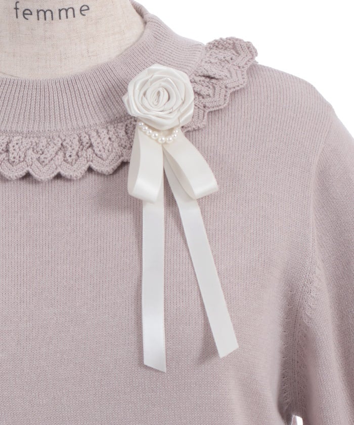 Openwork Frill Knit Top with Brooch (Pre-order)