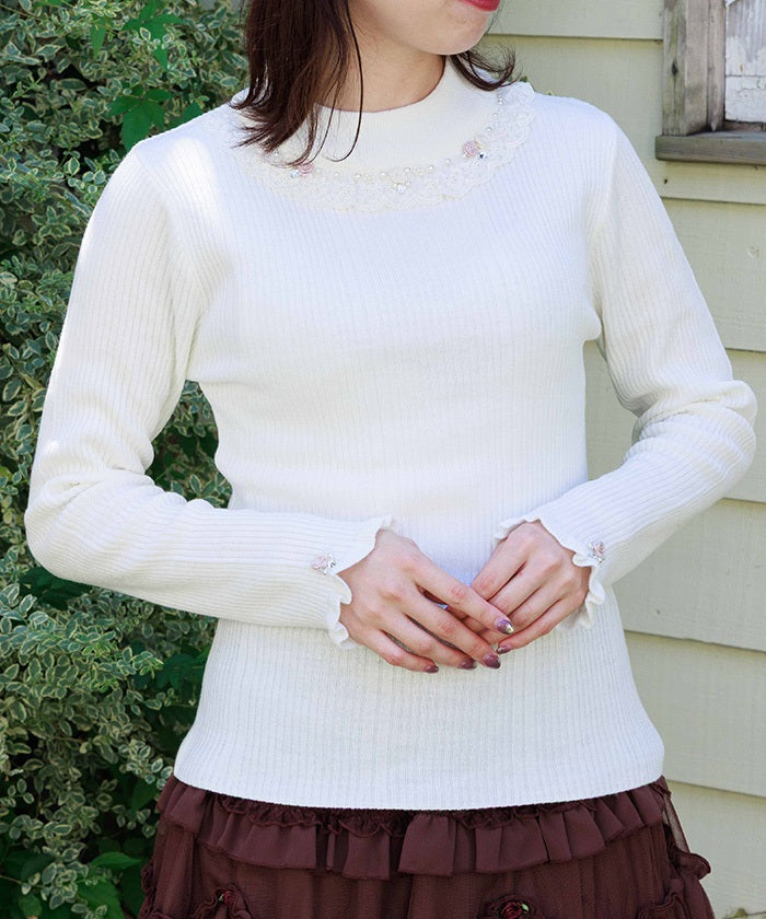 Rose Bottle Neck Rib Knit Top